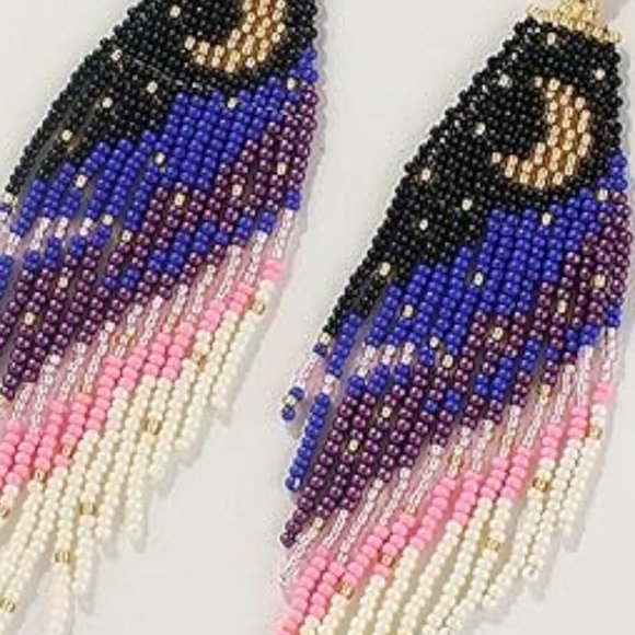 Crescent Moon Black Blue Purple Pink Long 5" Earrings Handmade Beaded Oversized - Picture 4 of 7